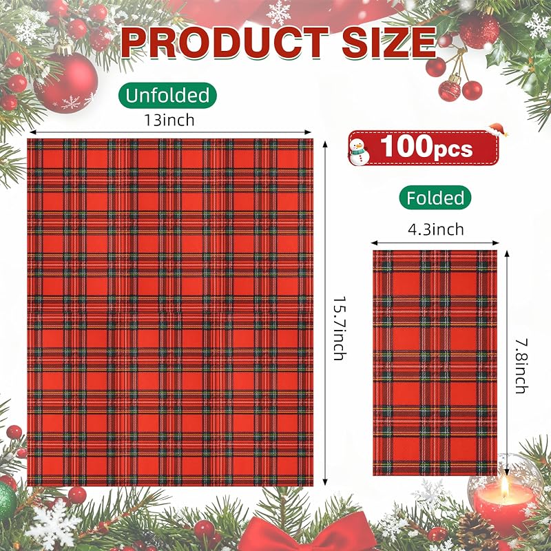 100-Count Christmas Plaid Napkins, 3-Ply Paper, Red & Green Classic Tartan