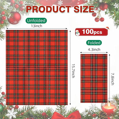 100-Count Christmas Plaid Napkins, 3-Ply Paper, Red & Green Classic Tartan