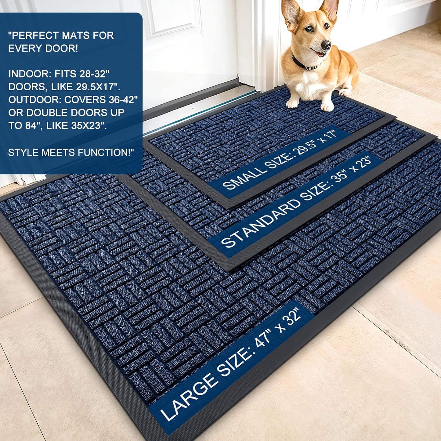OLANLY Heavy-Duty Front Door Mat - Absorbent Non-Slip Natural Rubber | 29.5x17, Navy Blue