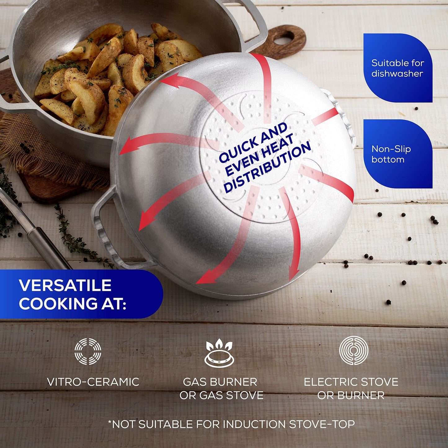 Universal (Medium Size) Caldero 12 Cups - 4.2 QT / 4 L, Stainless Aluminum Pot, Even Heat Distribution and Fast Cooking Dutch Oven Pot, Ergonomic Handles, Ideal for Rice, French Fries, and More