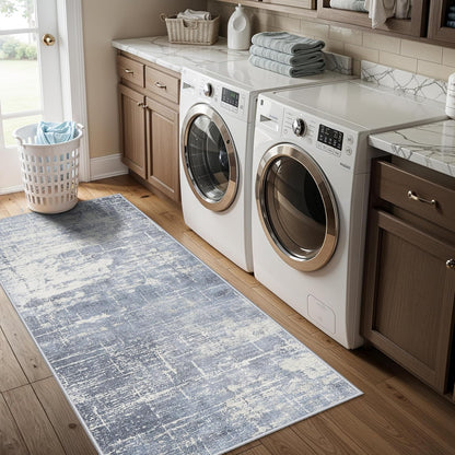 Skiennix Washable 2x5 Abstract Hallway Runner - Water Resistant Soft Carpet for Indoor Use | Blue/Ivory