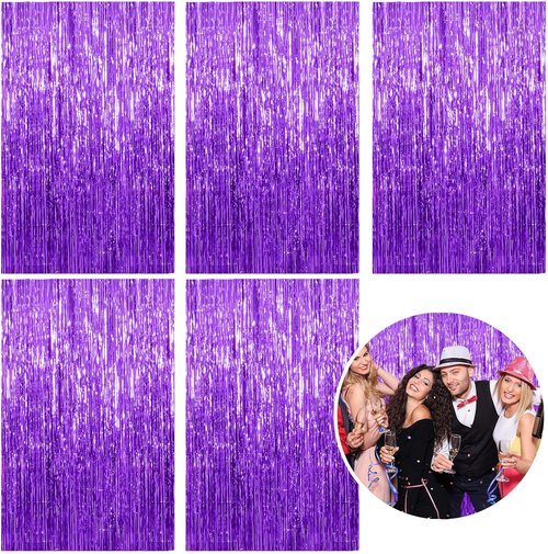 Foil Curtain Backdrop - 5 Pack Purple Metallic Tinsel Fringe for Photo Booths & Celebrations