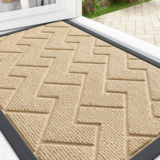 OLANLY Indoor Outdoor Front Door Mat - Waterproof All-Season Herringbone Doormat | Easy Clean, Beige 29.5x17