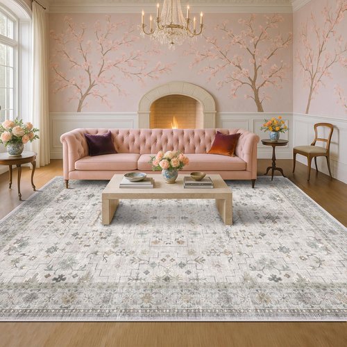 Hazo Haus Boho Light Grey Area Rug - Modern Vintage Floral Design | Washable Non-Slip 10x12 Size