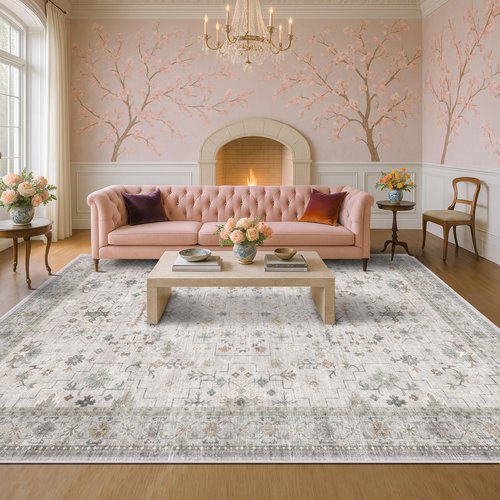 Hazo Haus Boho Light Grey Living Room Rug 10x12 - Modern Vintage Eclectic Floral Pastel Neutral Taupe, Washable Low Pile Non-Slip Extra Large Area Rugs for Dining Under Table Bedroom Lounge