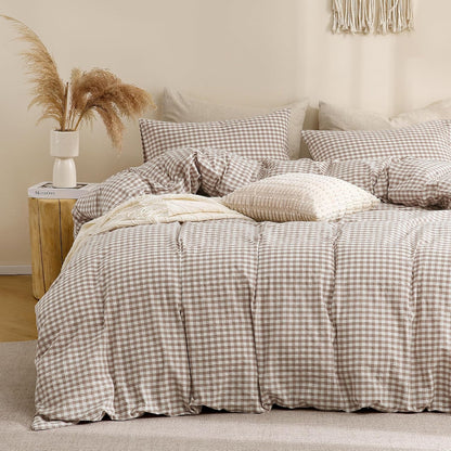 TOCOMOA Tan Gingham Duvet Cover Set - 100% Washed Cotton, Super Soft & Comfy | Queen Size (90"x90")
