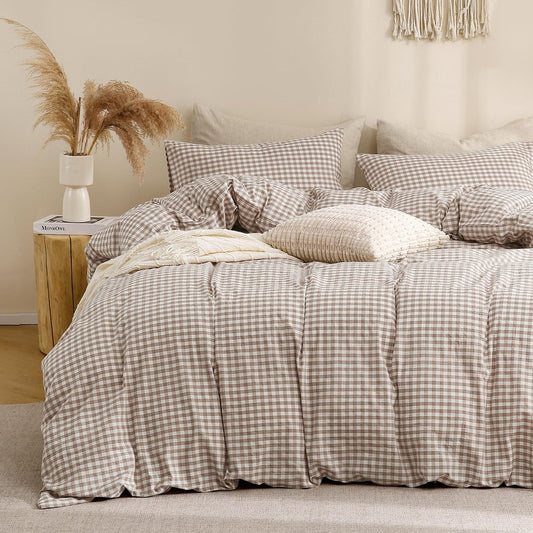 TOCOMOA Tan Gingham Duvet Cover Bedding Set 100% Washed Cotton Like Linen Feel Super Soft Comfy 3 Piece Brown Vintage Plaid Checkered Fall Comforter Cover Set (King 104"x90", Comforter Not Included)