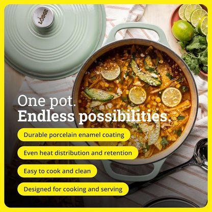 Lodge Essential Enamel Cast Iron Dutch Oven - 6 Quart Moisture-Sealing Lid & Dual Handles - Desert Sage