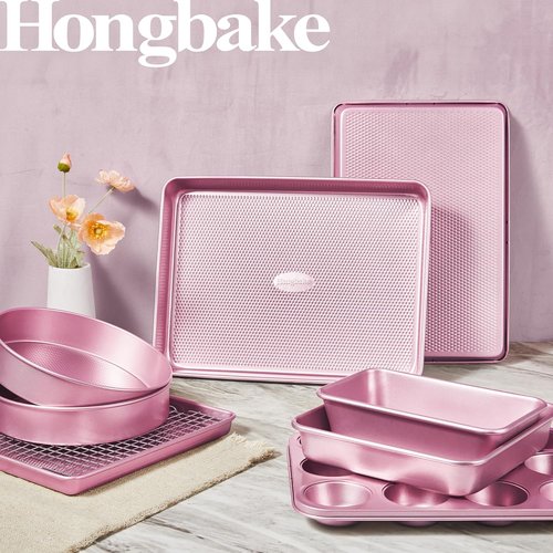 HONGBAKE 9-Piece Nonstick Baking Pans Set - Stackable, Non-Toxic Bakeware with Diamond Texture | Pink