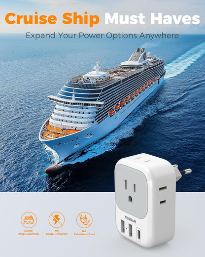 TESSAN European Plug Adapter - 4 Outlets & 3 USB Ports | Type C Travel Charger for Italy, Spain, France, Germany