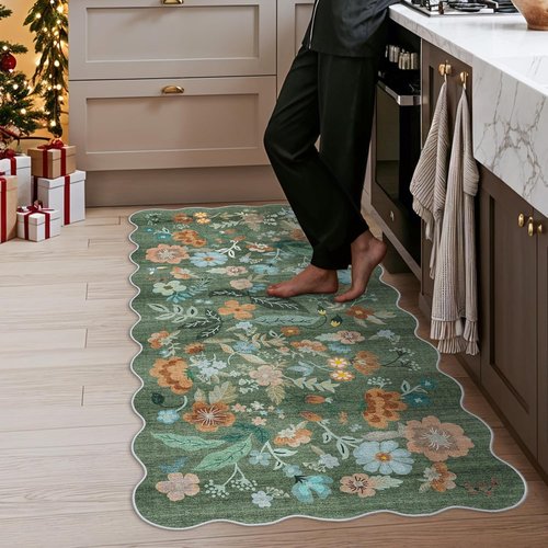 Hallway 3x6 Washable Runner Rug - Elegant Floral Scalloped Design | Soft Non-Slip Carpet for Home Decor