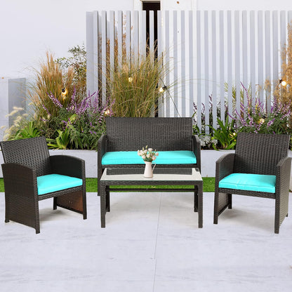 Skiennix Outdoor Furniture Set - 4-Piece Wicker Rattan Patio Conversation Set for Garden | Brown & Blue