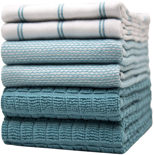 Premium Kitchen Towels (20”x 28”, 6 Pack) – Large Cotton Kitchen Hand Towels – Flat & Terry Towel – Highly Absorbent Tea Towels Set with Hanging Loop (Teal Check)