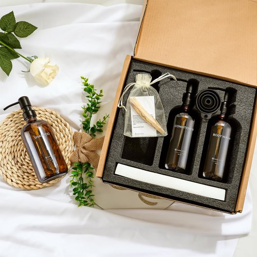 Casa Sofia Shampoo and Conditioner Dispenser | Refillable Shampoo Dispenser Bottles with Pump | Set of 3, 16 OZ Amber Glass Shower Soap Dispensers with Concrete Tray | Modern Bathroom Essentials