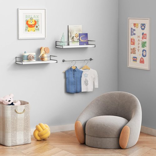 Forbena Floating Bathroom Shelves - Wall-Mounted Organizer with Towel Rack | Set of 2 (White-Dark Grey)