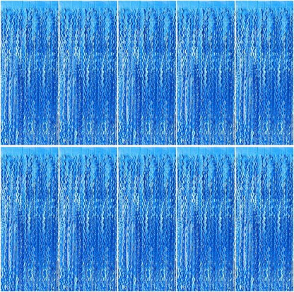 Blue Backdrop Wavy Tinsel Foil Fringe Curtains | Sparkling Metallic Party Decorations