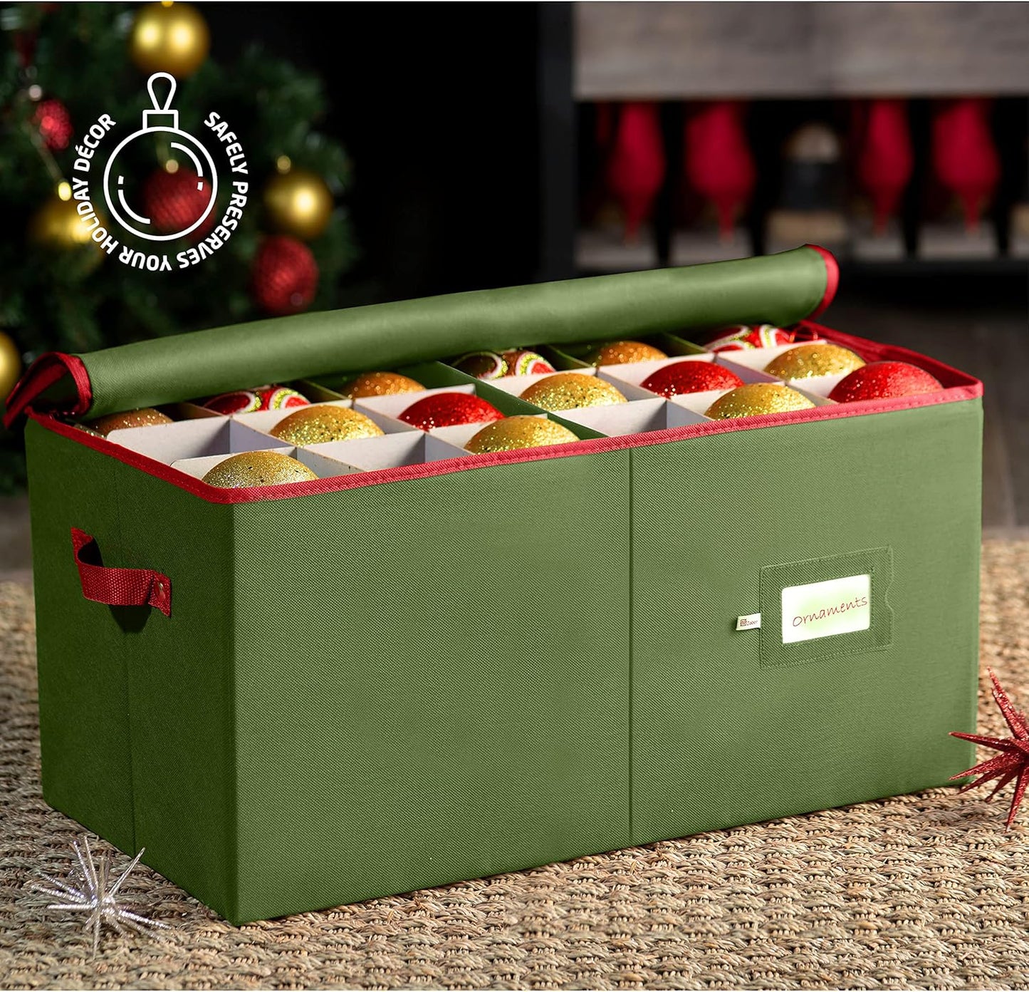 ZOBER Large Christmas Ornament Storage Box - Organize 54 4" Ornaments with Dividers - Durable Green Container