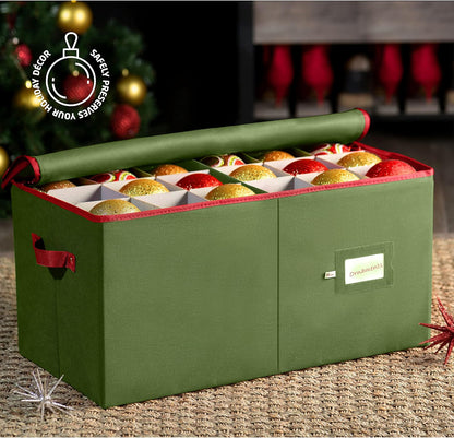ZOBER Large Christmas Ornament Storage Box - Organize 54 4" Ornaments with Dividers - Durable Green Container