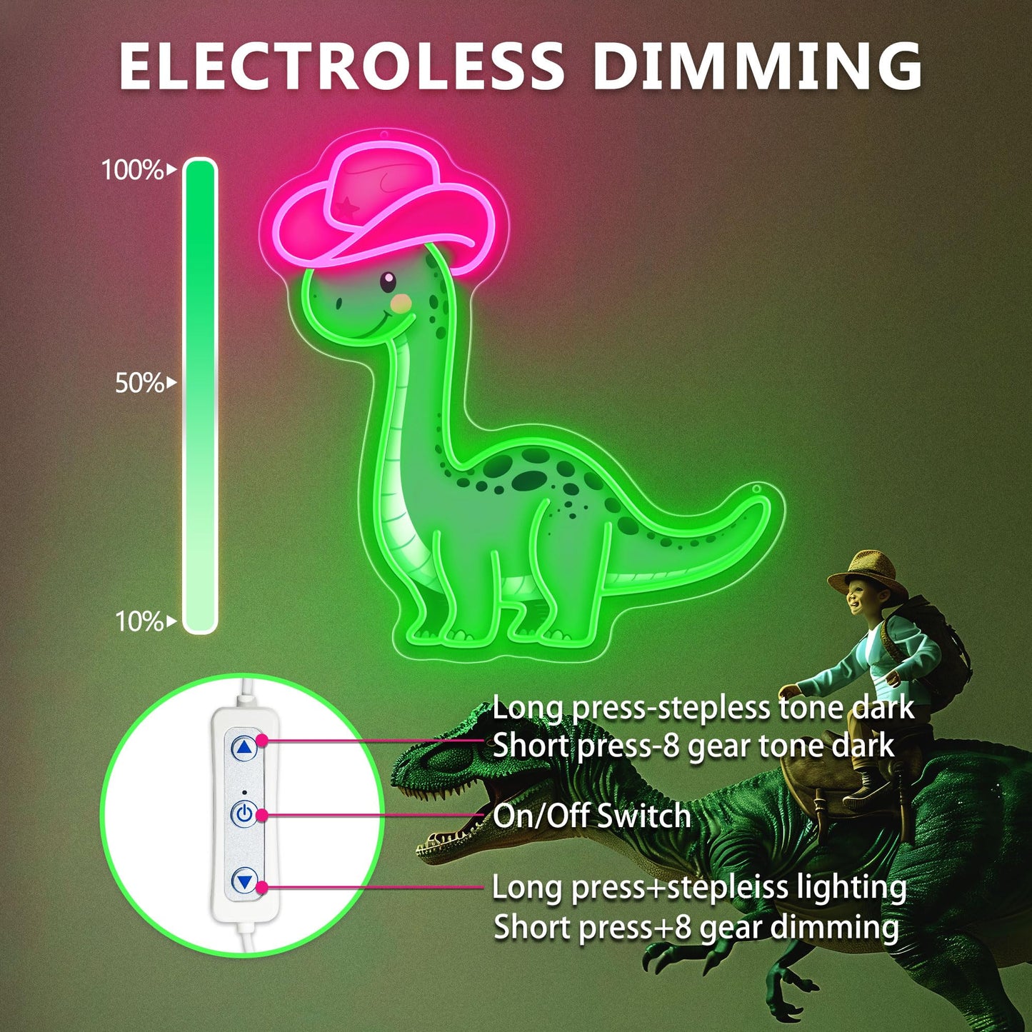 ZLOOREE Cowgirl Dinosaur Neon Signs for Wall Decor, Dimmable Cowboy Dinosaur Neon Light for Teen Boys Girls Bedroom Decor, Animals Led Light Up Signs for Birthday Party Gifts
