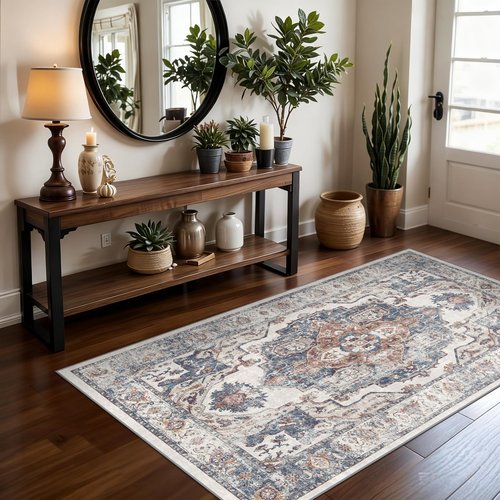 Washable 3x5 Kitchen Area Rugs: Cozy Soft Beside Low Pile Carpet for Living Room Bedroom Indoor Light-weight Doormat Anti-Slip Thin Low-Pile Rug for Entryway Nursery Small Vintage Floor Mat(3x5,Brick)