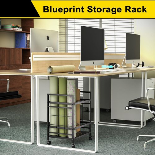 GIOTORENT Blueprint Storage Rack - Mobile Blueprint Holder with 12 Slots & Silent Wheels | Black