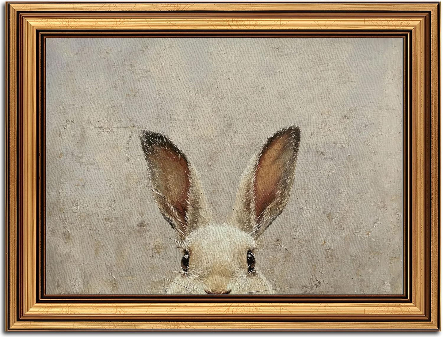 Vintage Gold Framed Bunny Canvas Wall Art - Rustic Rabbit Oil Painting for Living Room & Bedroom | 9x11in