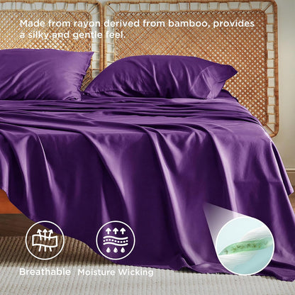 Bedsure Cooling California King Sheet Set - Breathable Rayon from Bamboo, Soft & Luxurious, Deep Pocket, Plum