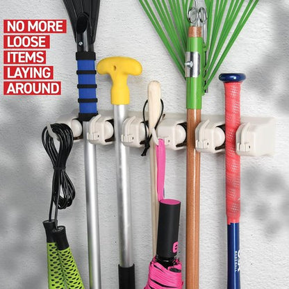 HOME IT Mop And Broom Holder - Wall-Mounted Garage Storage System with 5 Slots & 6 Hooks | Off-White
