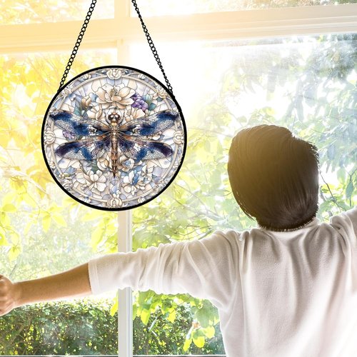 DASTOLL Stained Glass Suncatcher - Dragonfly Flower Design | 11.8x11.8 in Home Decor Gift for All Occasions