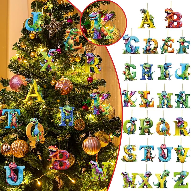 Dinosaur Alphabet Ornament Set – 26 Letter Acrylic Christmas Hanging Ornaments (Variation: Dinosaurs-r)