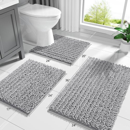 Yimobra Bathroom Rugs Non Slip Washable 32x20 Inch - Ultra Soft Absorbent Chenille Bath Mat, Quick Dry Shaggy Floor Carpet for Tub Shower, Gray Home Decor Accessories