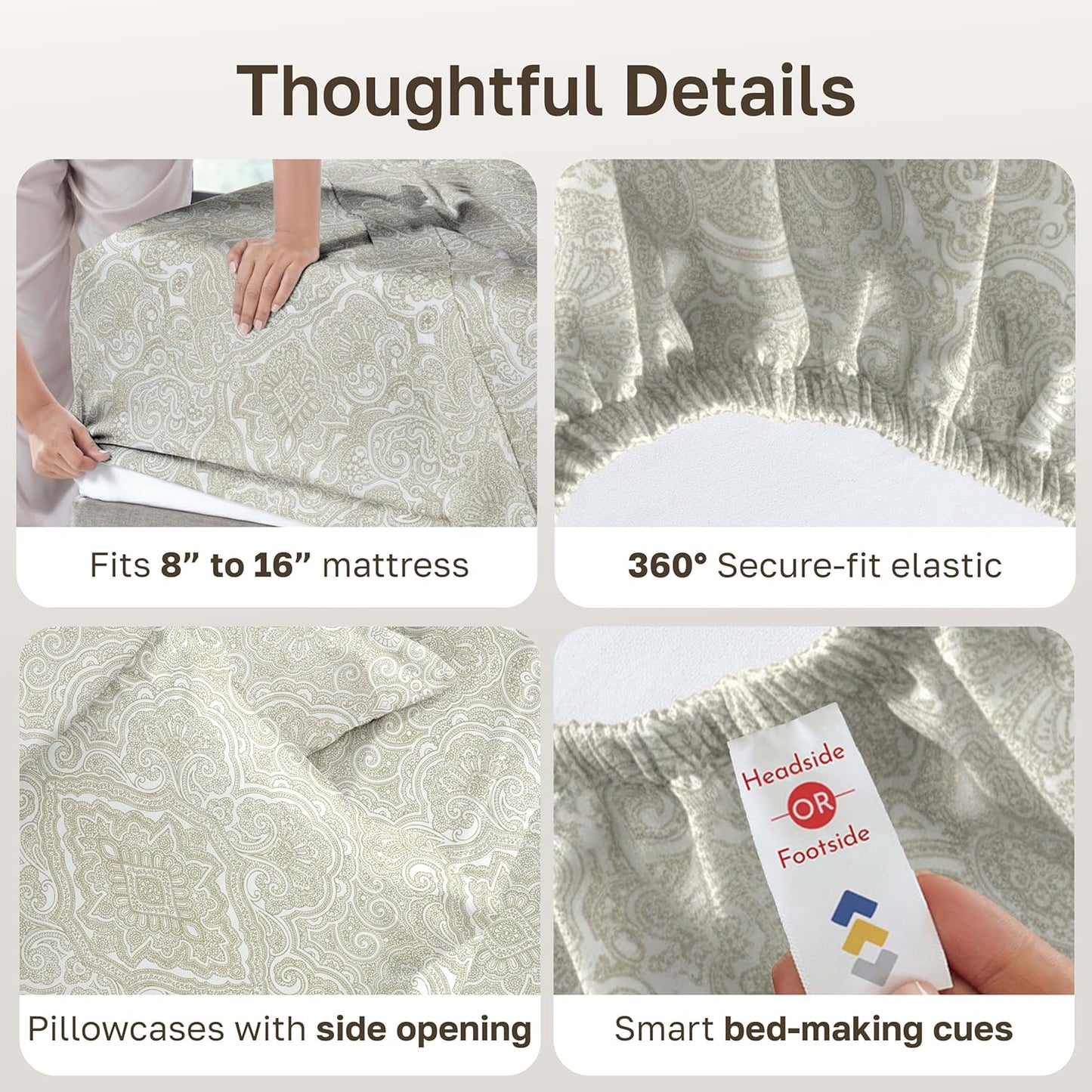 California Design Den King Size Cotton Sheets Set - 100% Soft Cotton, 400 TC, Award-Winning Comfort | Paisley Beige