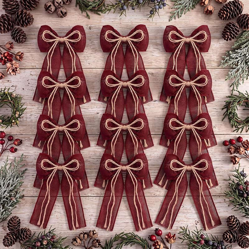 12 Pcs Burgundy Burlap Xmas Bows 5x7 in - Rustic Christmas Tree Decor