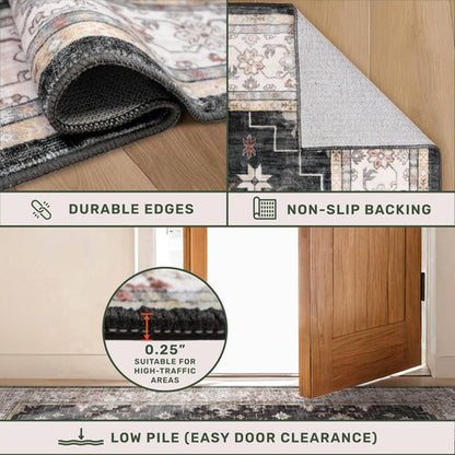 Hazo Haus Black Farmhouse Washable 7x10 Area Rugs for Living Room, Bedroom, Dining Room Table, Dark Charcoal Stain Resistant Non-Slip Large Washable
