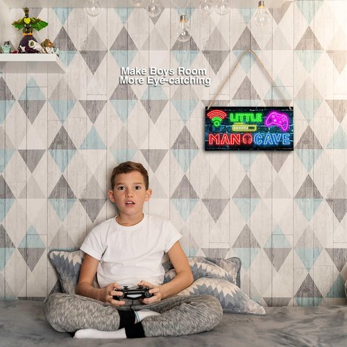 Little Man Cave Neon Gaming Wooden Door Sign - Perfect Gamer Room Decor for Boys' Bedrooms (5"x10")