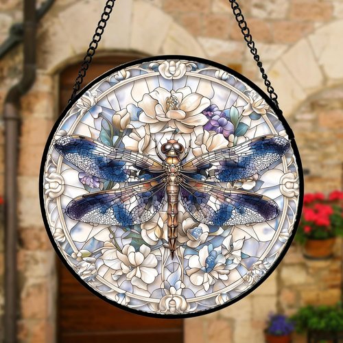 DASTOLL Stained Glass Suncatcher - Dragonfly Flower Design | 11.8x11.8 in Home Decor Gift for All Occasions