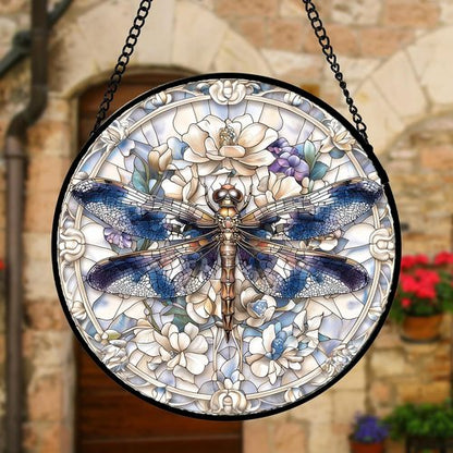 DASTOLL Stained Glass Suncatcher - Dragonfly Flower Design | 11.8x11.8 in Home Decor Gift for All Occasions
