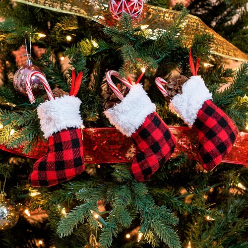 JOYIN 24 PCS Mini Christmas Stockings - Red Black Plaid Decor for Tree & Holiday Parties