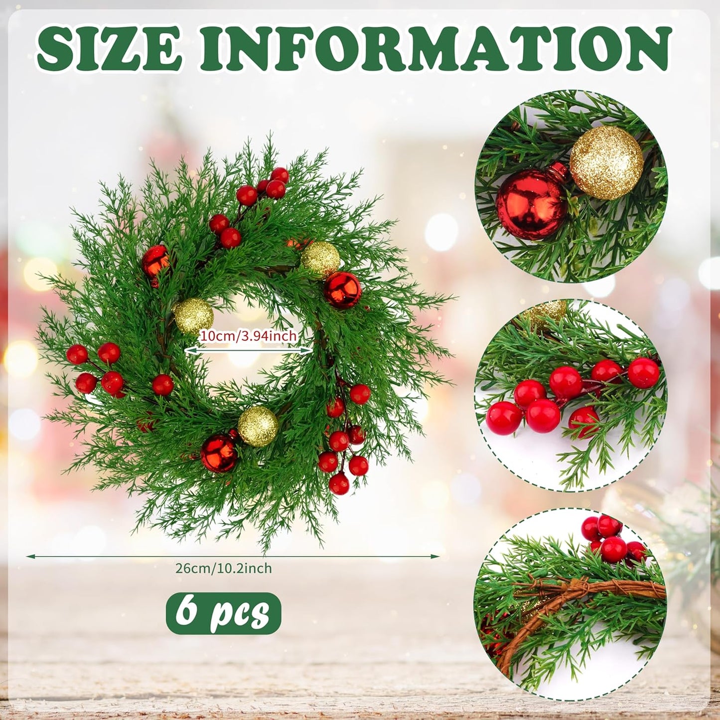 Regine Switzerland Christmas Candle Rings - 6 Pcs Mini Wreaths with Xmas Balls & Red Berries for Holiday Decor