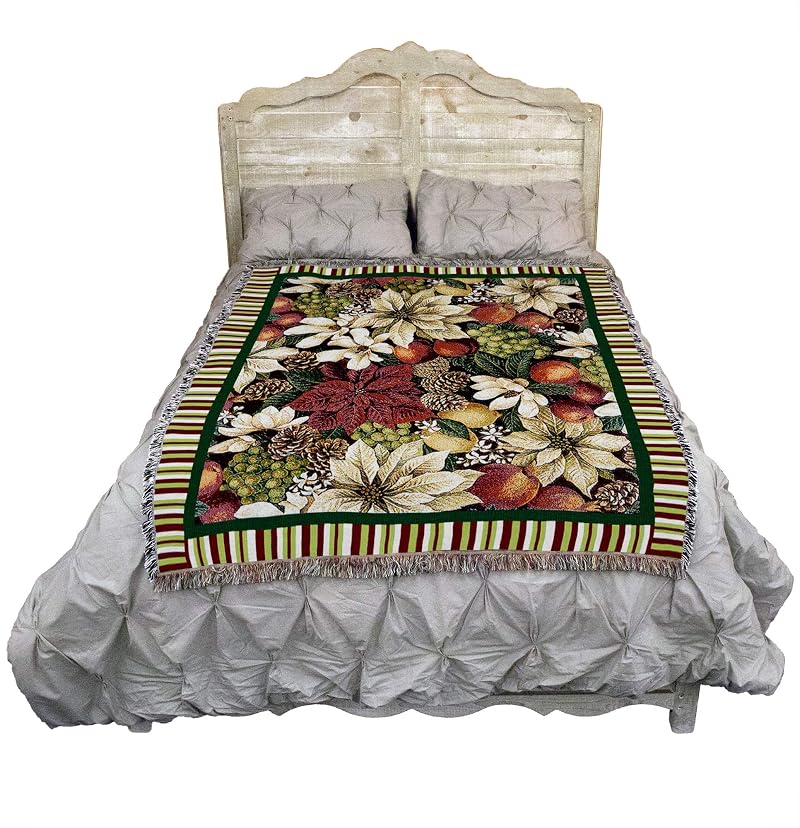 Magnolia Poinsettia Blanket 72x54 by Pure Country Weavers — Handmade Cotton Tapestry Throw, USA Made