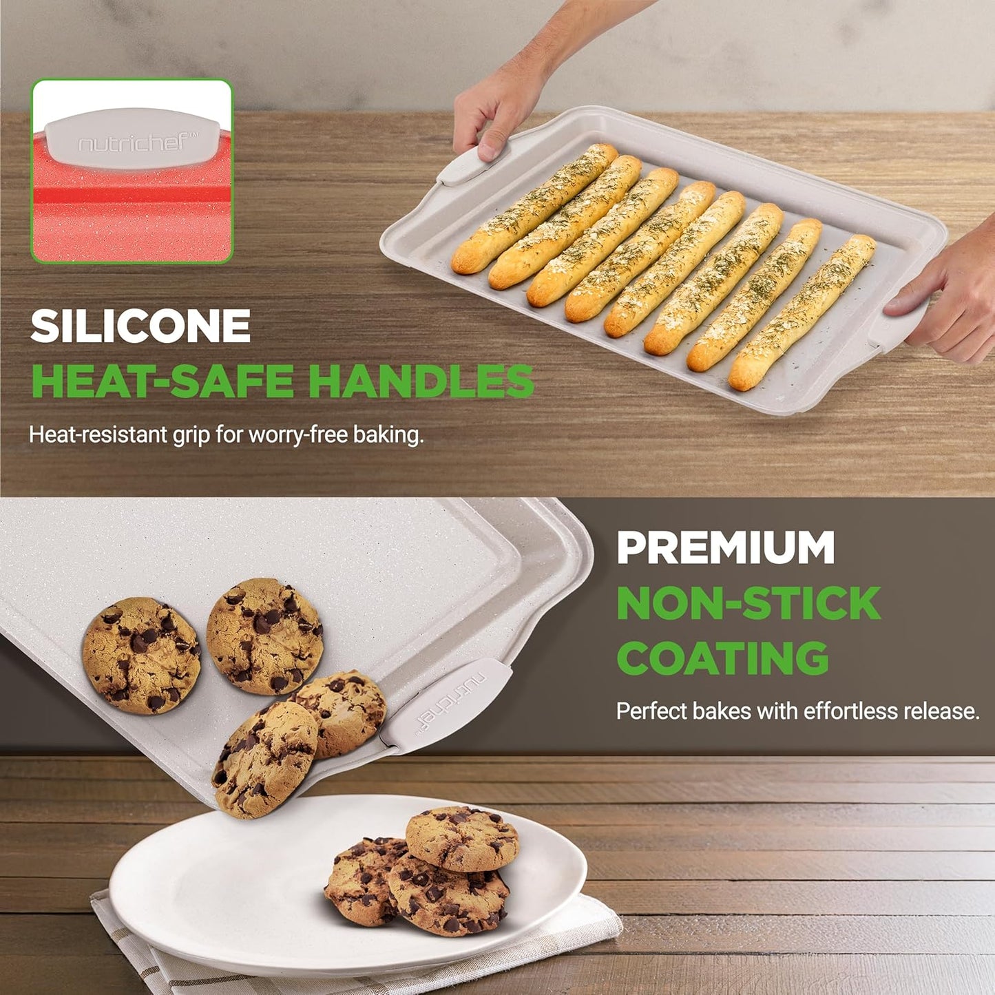NutriChef Nonstick Cookie Sheets - Premium Carbon Steel Baking Pans with Silicone Handles | Easy to Clean, Cream Marble