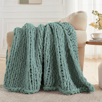 Carriediosa Chunky Knit Throw Blanket 50" X 60", 100% Hand Made Large Chenille Loop Yarn Soft Fluffy Throws for Couch Sofa Bed, Big Crochet Cozy Heavy Thick Cable Woven Blanket, Sage Green