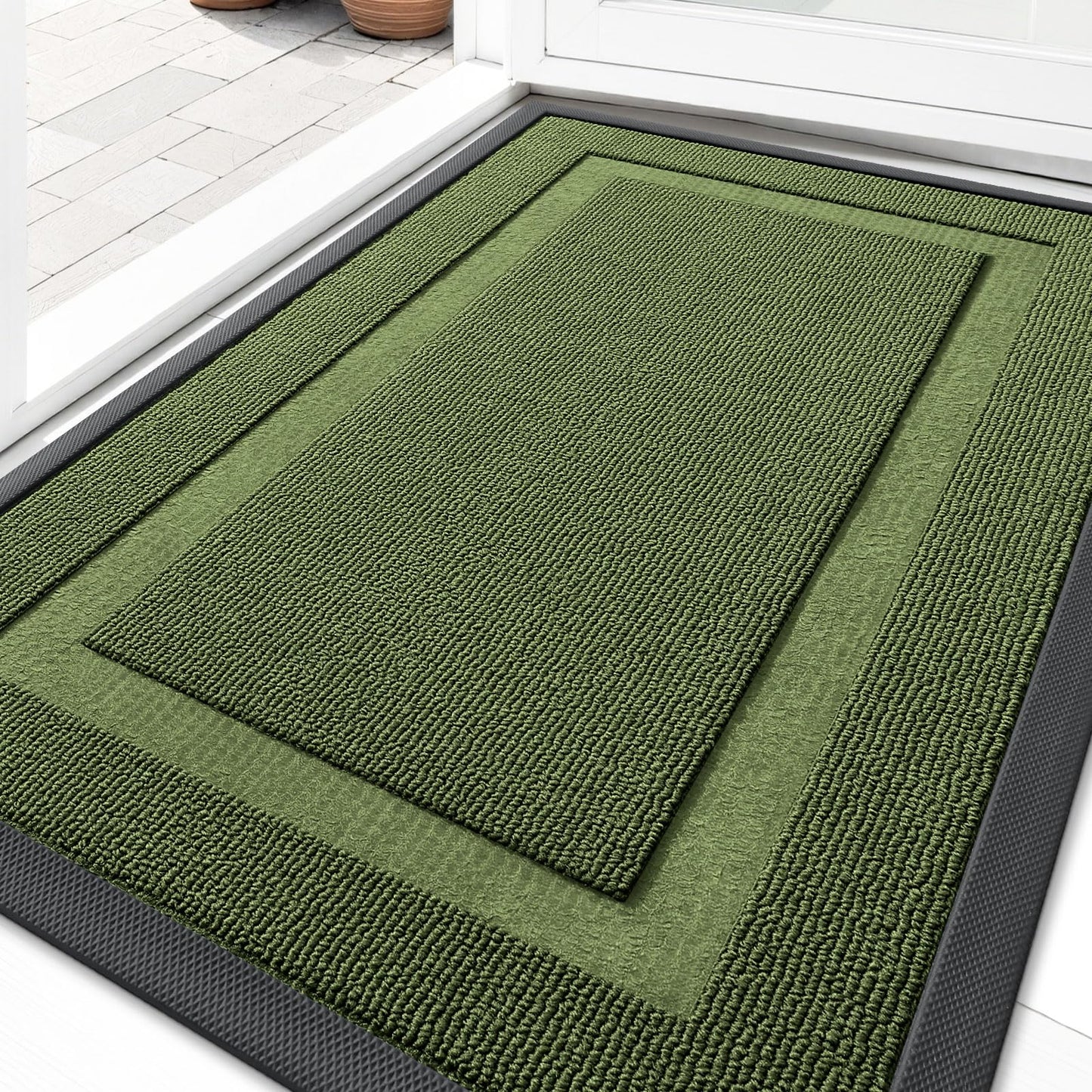 OLANLY Front Door Mat Indoor Outdoor Entrance, Waterproof All-Season, All-Weather Doormat, Sturdy Natural Rubber, Low Profile, Easy Clean Patio Porch Entryway Mat, 35x23, Classic Green