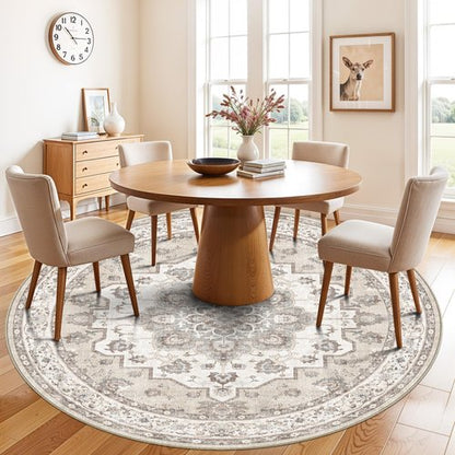 6ft Washable Kitchen Round Rug: Non-Slip Circle Area Rug for Living Room Dining Room Under Table Low Pile Soft Circular Carpet Water Resistant Durable Mat for Newlywed Cozy Home Decor(6ft-Round,Beige)