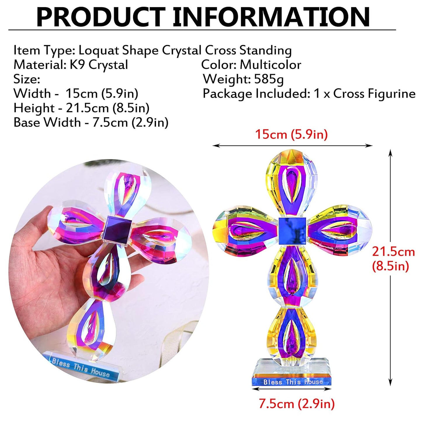 QFkris Crystal Standing Cross Figurine - Elegant 8.5-Inch Glass Tabletop Decor Gift for Women