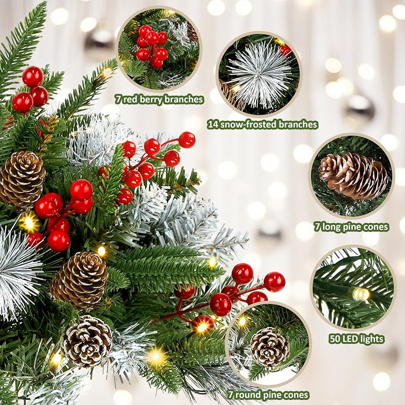 Outdoor Urn Filler Set of 2 Lighted Outdoor Christmas Trees – Battery Powered, 13.78" with 50 LEDs, Timer, Ground Stakes (Variation A)