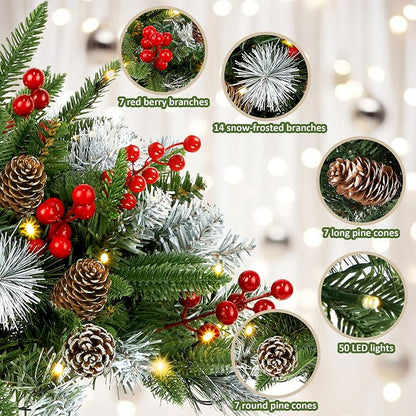 Outdoor Urn Filler Set of 2 Lighted Outdoor Christmas Trees – Battery Powered, 13.78" with 50 LEDs, Timer, Ground Stakes (Variation A)