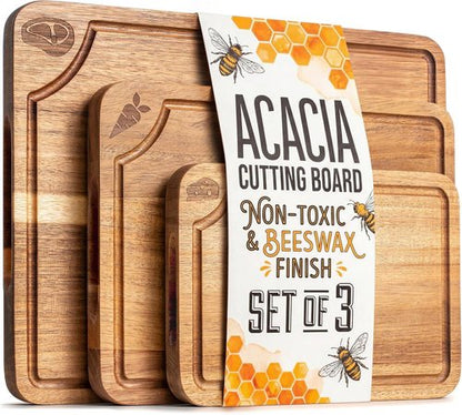 Acacia Wood Cutting Boards Set by [Brand Name] - Beeswax Finished, Non-Toxic, Juice Groove, Non-Slip Feet | 3-Piece Charcuterie Set