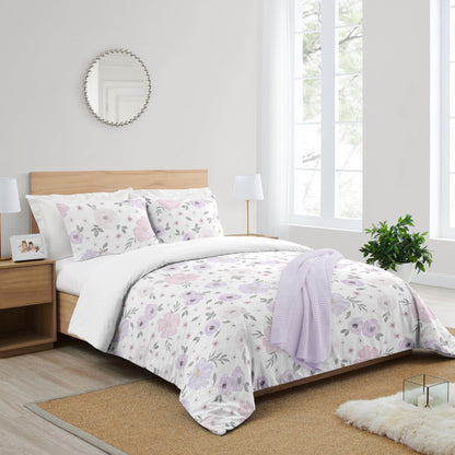 Sweet Jojo Designs Lavender Purple, Pink, Grey and White Shabby Chic Watercolor Floral Girl Full/Queen Teen Childrens Bedding Comforter Set - 3 Pieces - Rose Flower