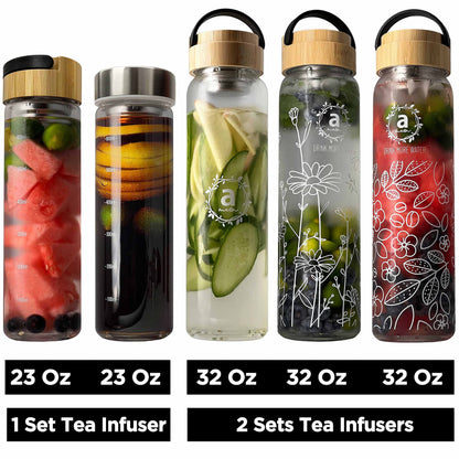 ameiin 32oz Borosilicate Glass Water Bottle with Bamboo Lid and 2 Tea Infuser Sets for Fruit Infused Water and Cold Brew Coffee - Tea Strainer for Loose Leaf Tea (Flower)